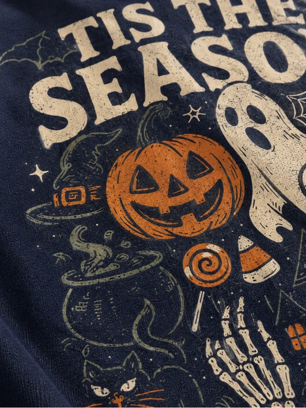 Tis The Season Ghost and Pumpkins Halloween Graphic Navy Sweatshirt